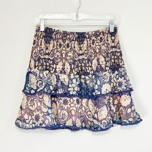 FOXIEDOX Women’s Blue Floral Tiered Chiffon Skirt Smocked Waist Fully Lined Sz L